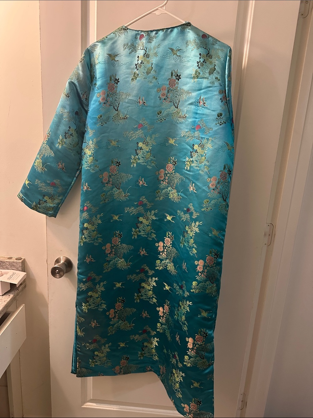 Free People Teal Floral Satin Long Coat - Picture 3 of 3
